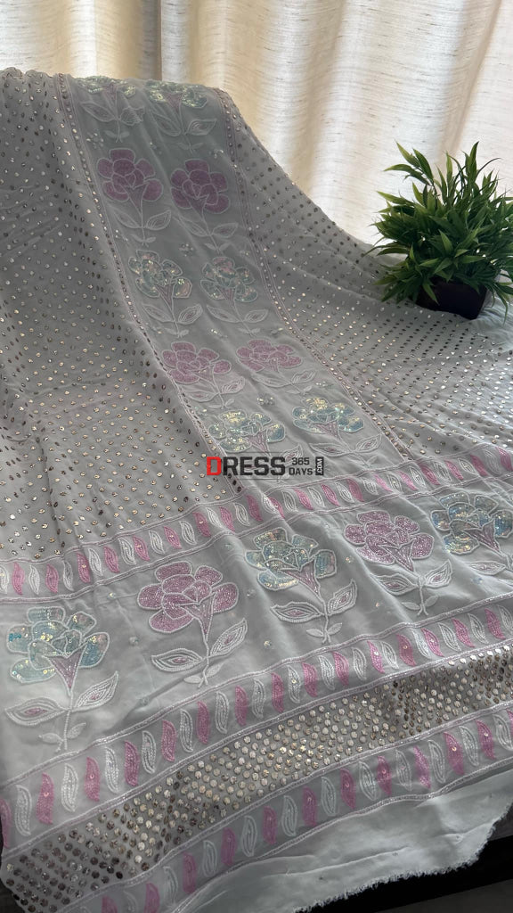 Party Wear Cut Dana Mukaish Kurta Dupatta Set (Viscose Georgette) Chikankari Suits
