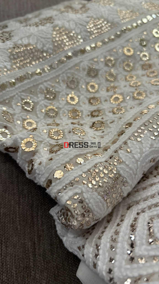 Party Wear Ivory Chikankari Ring Mukaish Suit (Kurta & Dupatta) Chikankari Suits