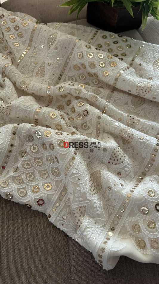 Party Wear Ivory Chikankari Ring Mukaish Suit (Kurta & Dupatta) Chikankari Suits