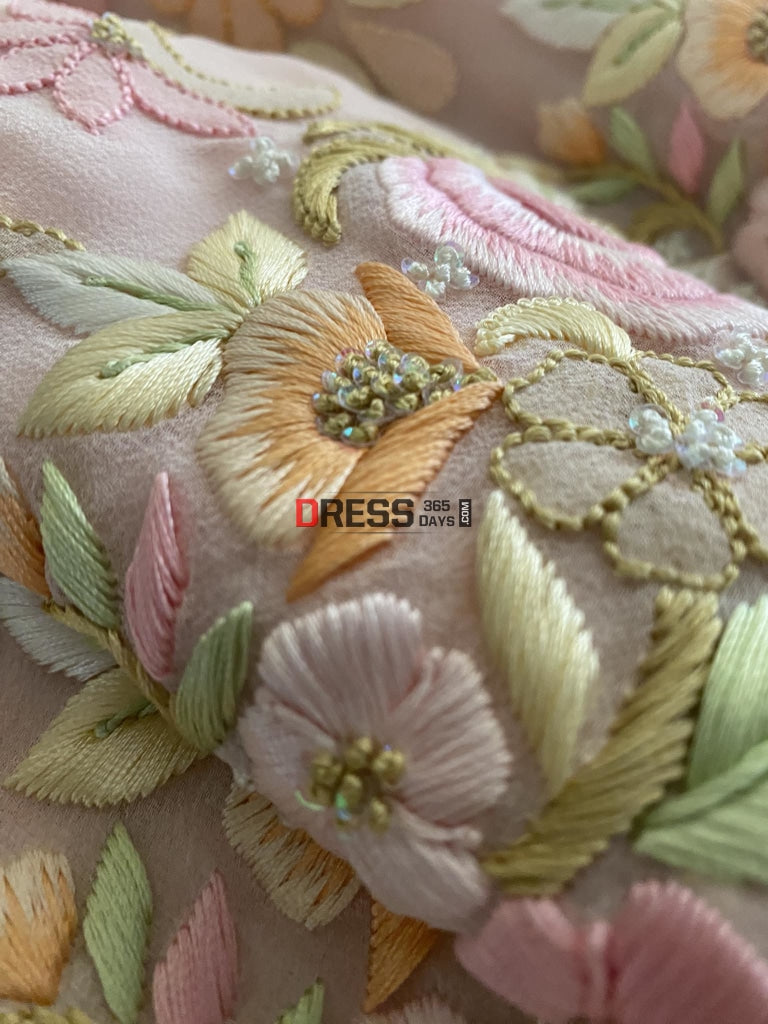 Pastel Pink All Over Multicolour Chikankari Parsi Gara Suit Suits