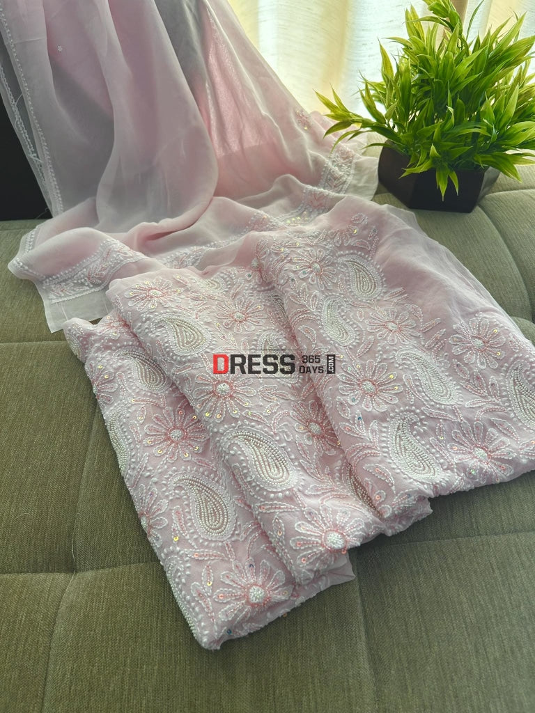 Pastel Pink Chikankari Pearl Cut Dana Suit Suits