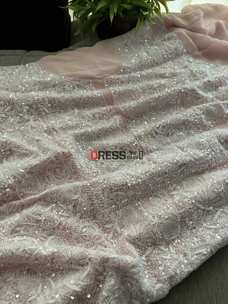 Pastel Pink Fine Chikankari Cut Dana Sequins Suit Chikankari Suits