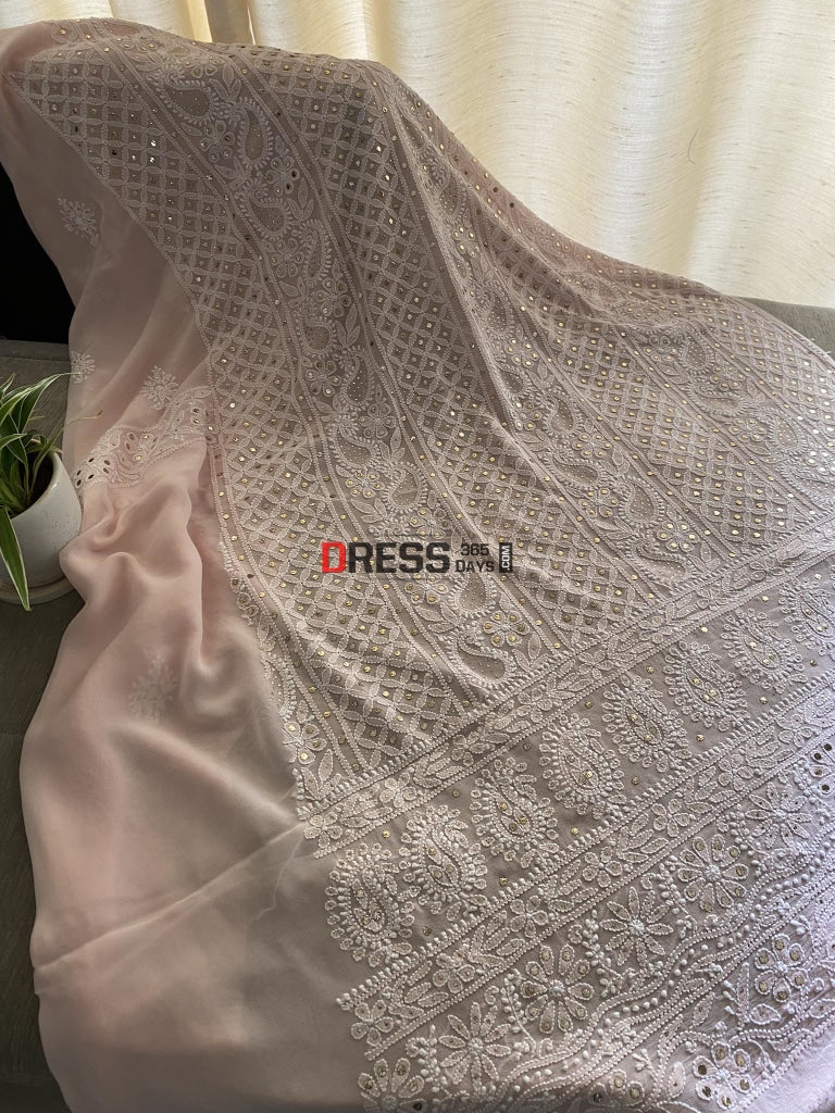 Pastel Pink Lucknowi Mukaish Suit Chikankari Suits
