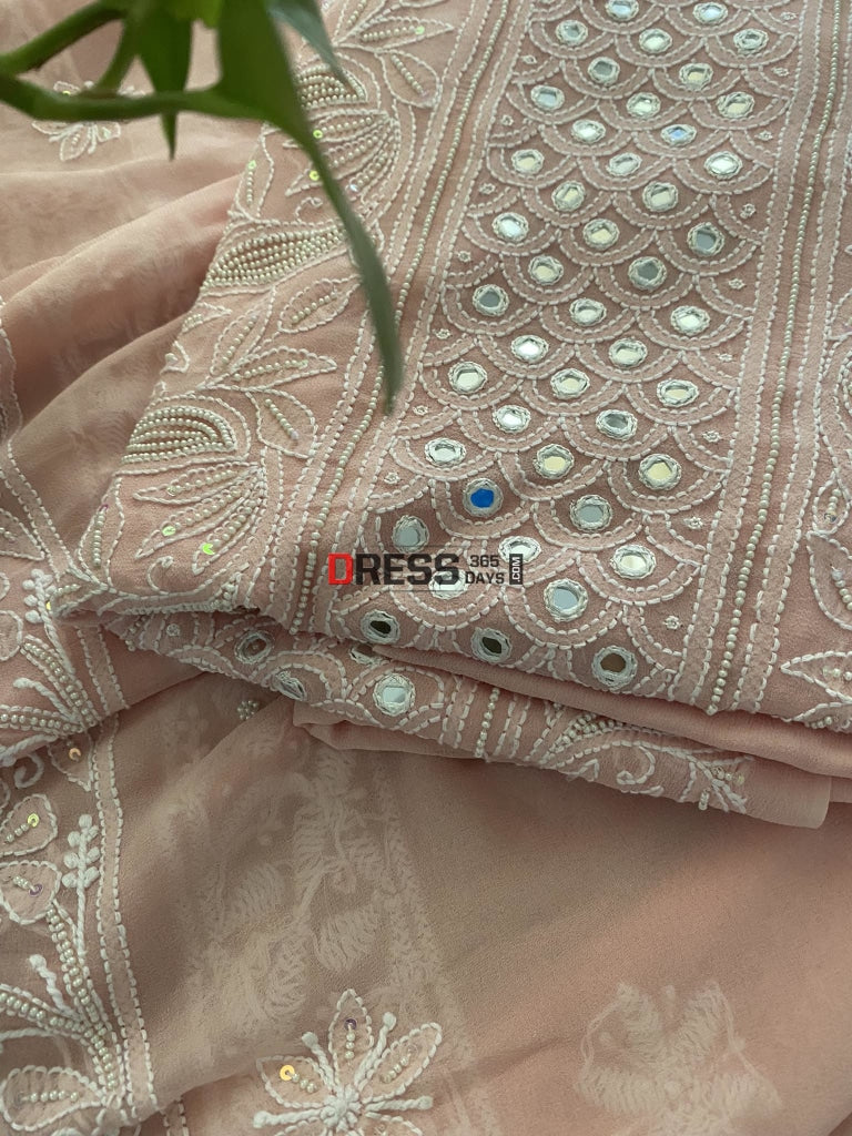 Pastel Pink Mirror & Pearl Lucknowi Suit Chikankari Suits