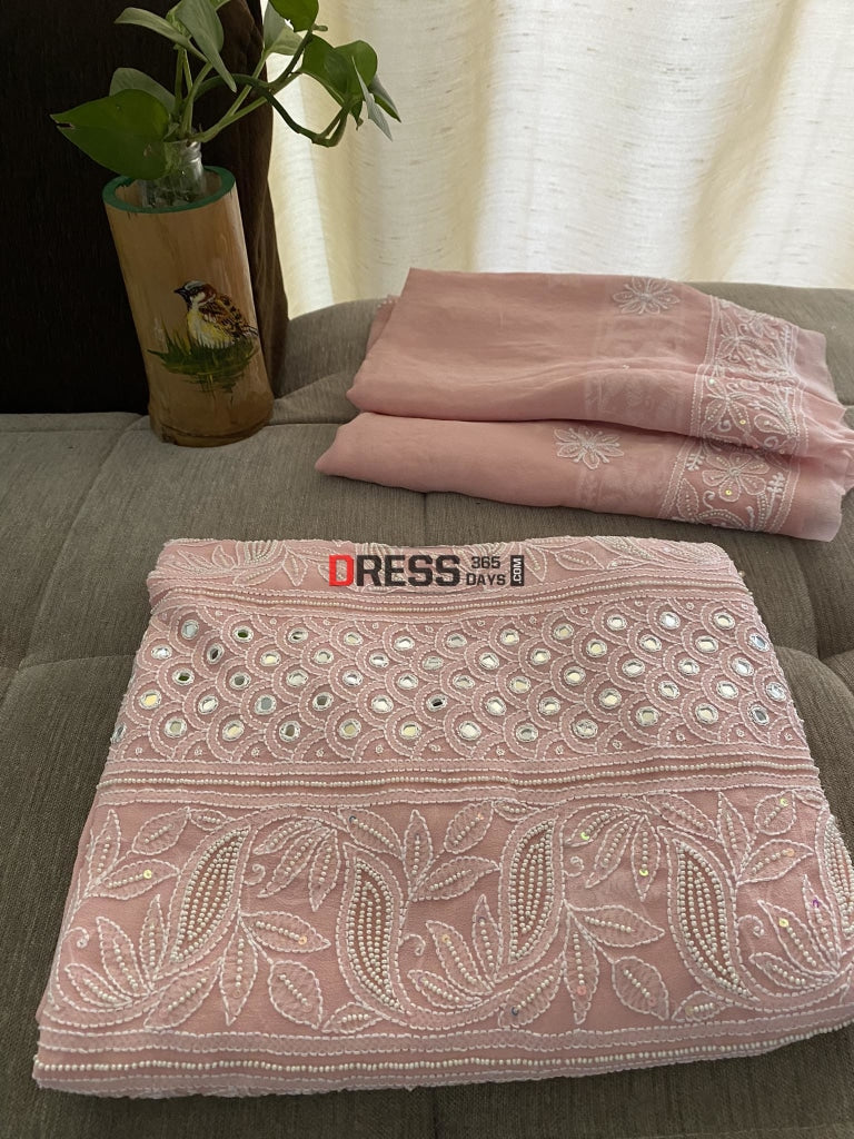 Pastel Pink Mirror & Pearl Lucknowi Suit Chikankari Suits