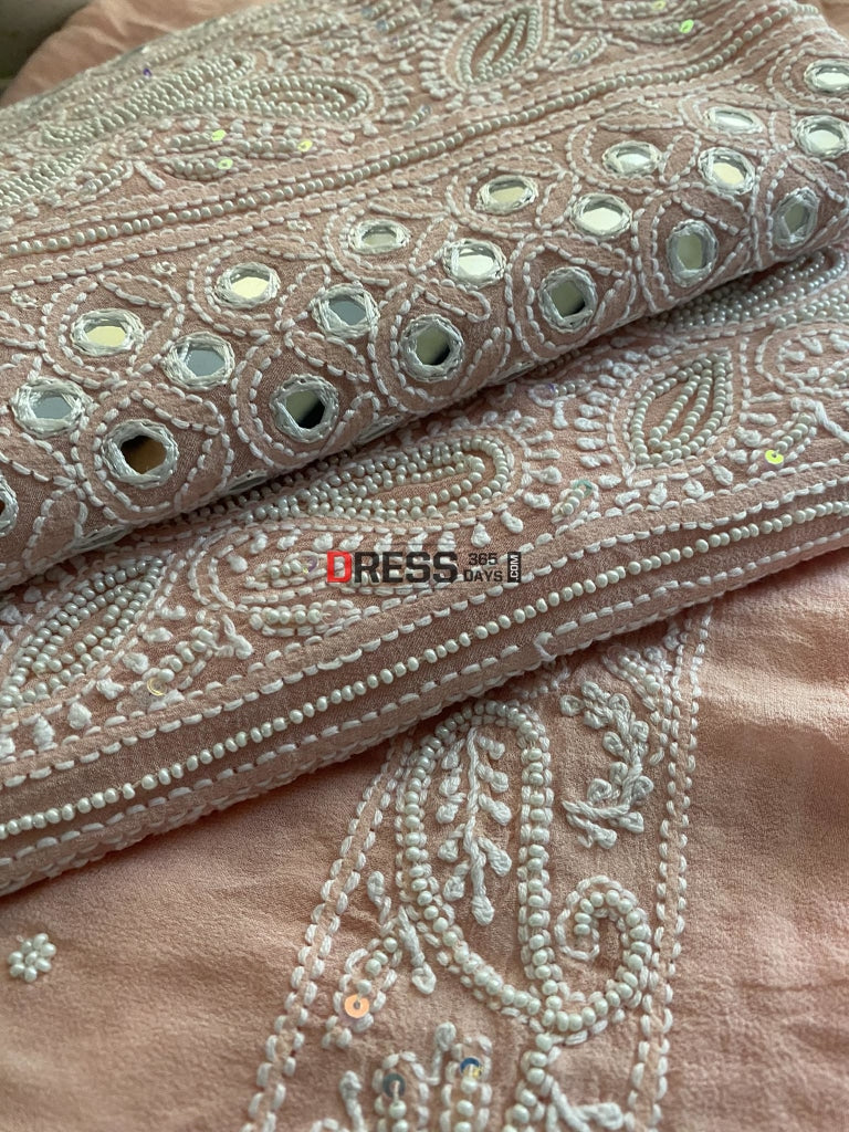 Pastel Pink Mirror & Pearl Lucknowi Suit Chikankari Suits