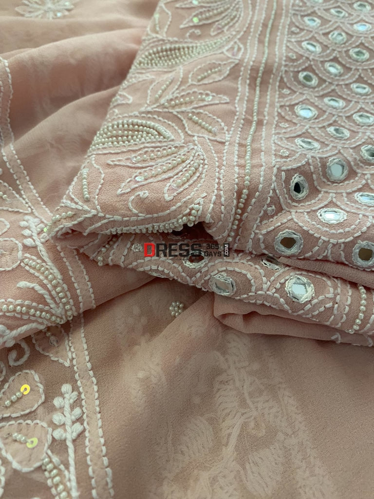 Pastel Pink Mirror & Pearl Lucknowi Suit Chikankari Suits