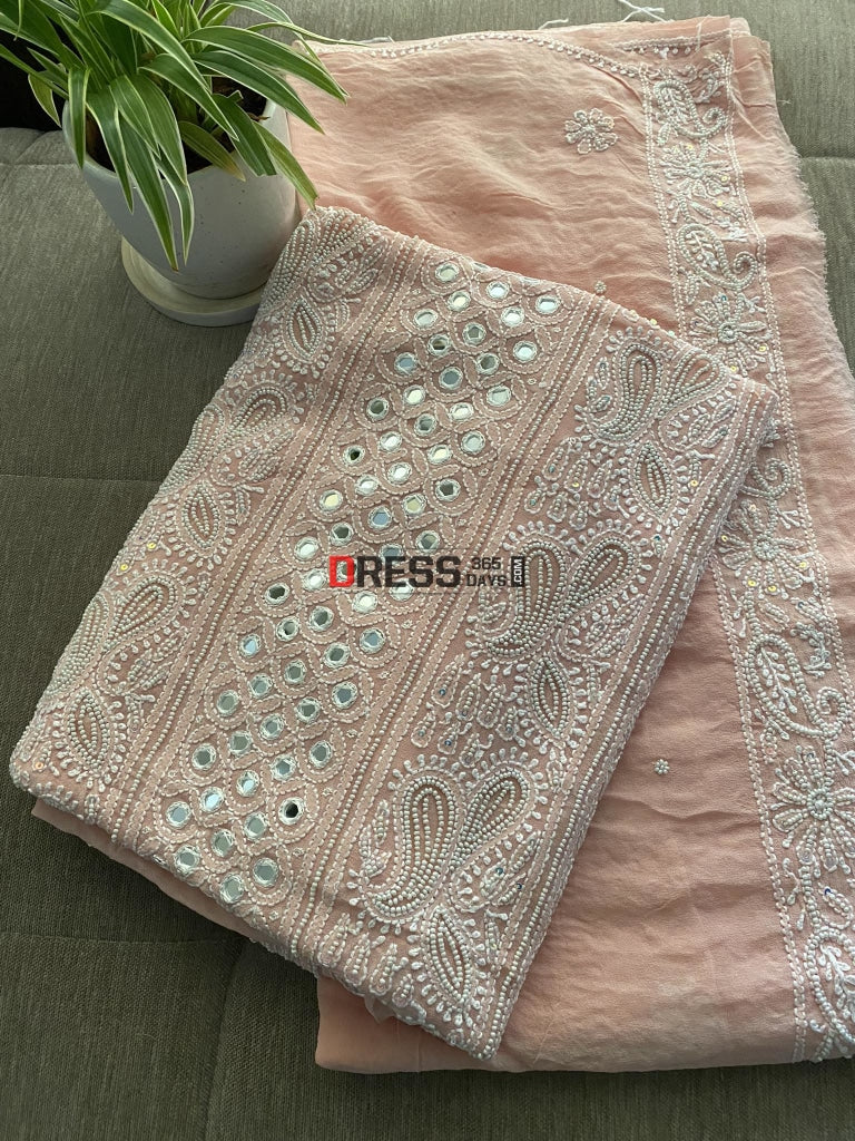 Pastel Pink Mirror & Pearl Lucknowi Suit Chikankari Suits