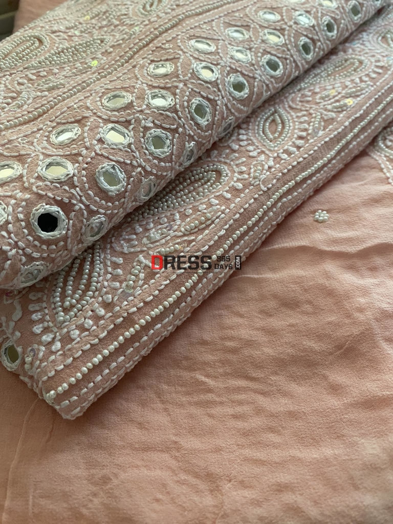 Pastel Pink Mirror & Pearl Lucknowi Suit Chikankari Suits