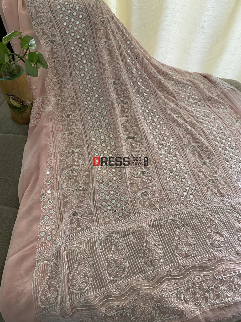 Pastel Pink Mirror & Pearl Lucknowi Suit Chikankari Suits