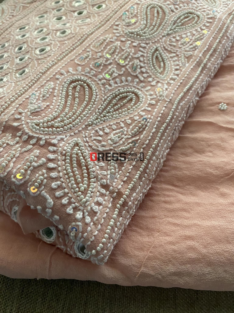 Pastel Pink Mirror & Pearl Lucknowi Suit Chikankari Suits