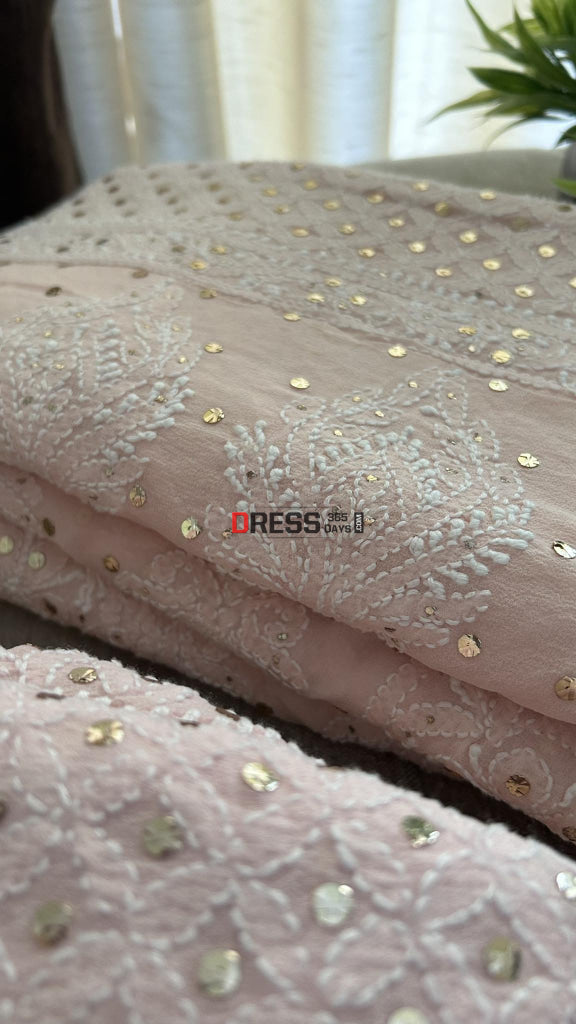 Pastel Pink Mukaish Lucknowi Chikankari Lehenga Set
