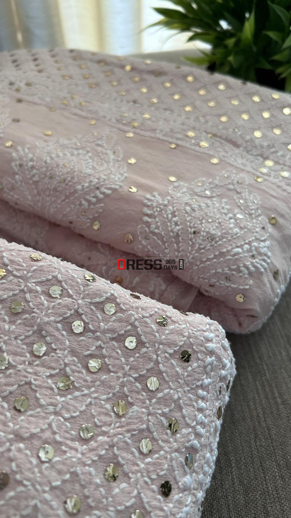 Pastel Pink Mukaish Lucknowi Chikankari Lehenga Set