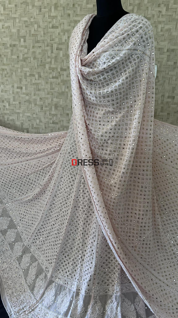 Pastel Pink Mukaish Lucknowi Chikankari Lehenga Set