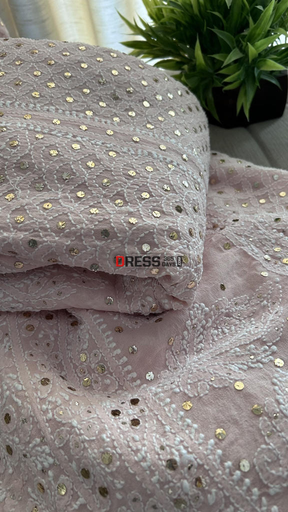 Pastel Pink Mukaish Lucknowi Chikankari Lehenga Set