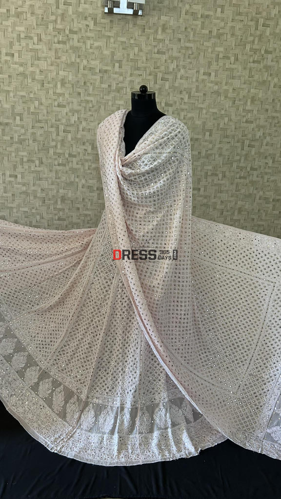 Pastel Pink Mukaish Lucknowi Chikankari Lehenga Set