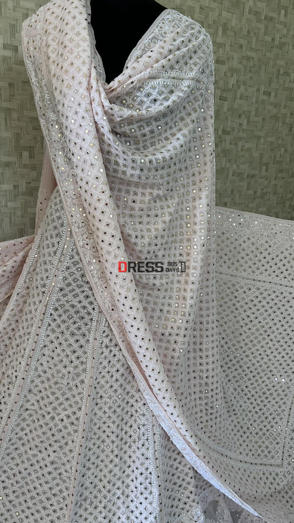 Pastel Pink Mukaish Lucknowi Chikankari Lehenga Set
