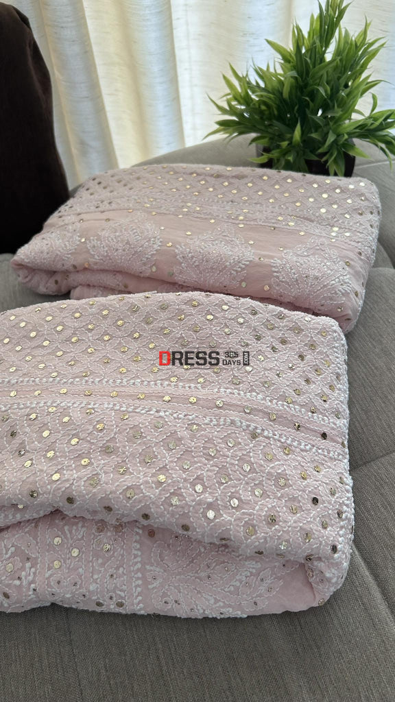 Pastel Pink Mukaish Lucknowi Chikankari Lehenga Set
