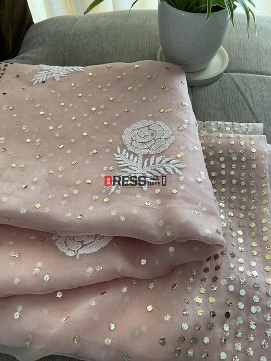 Pastel Pink Organza Mukaish & Chikankari Saree Parsi Gara