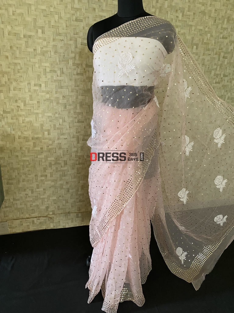 Pastel Pink Organza Mukaish & Chikankari Saree Parsi Gara