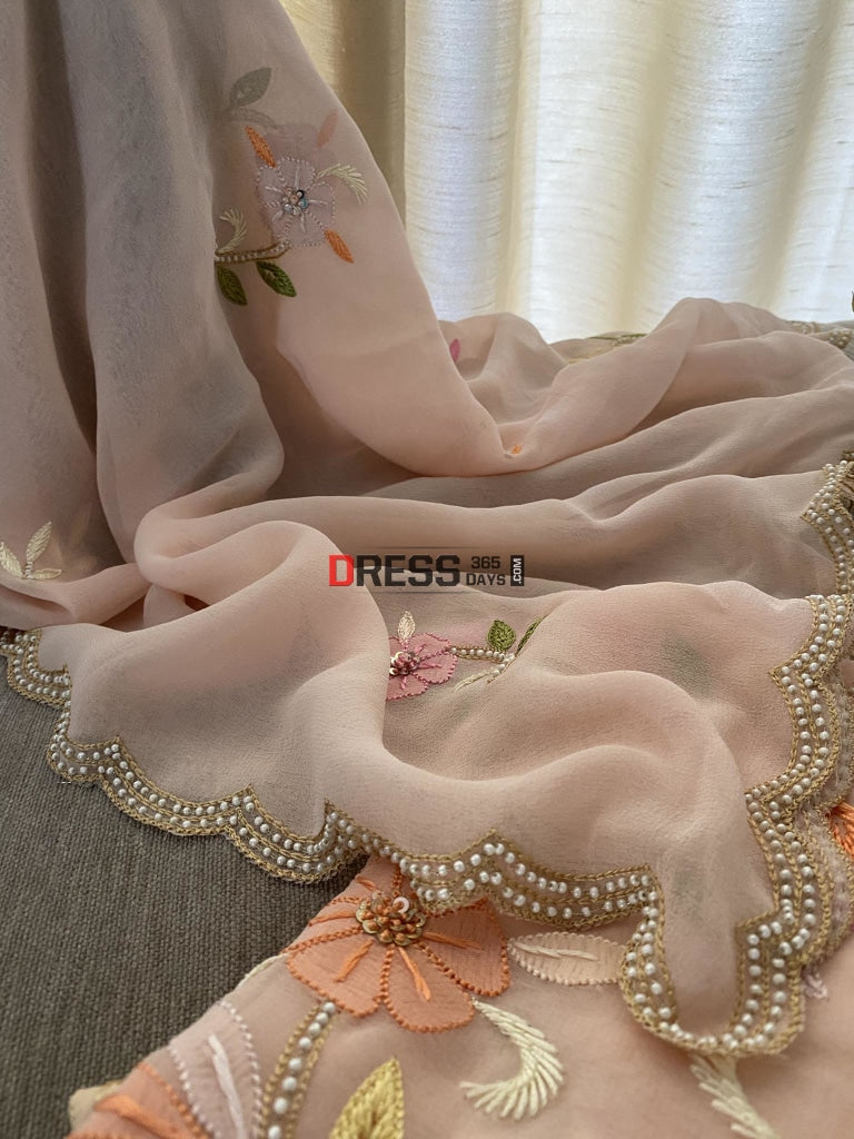 Pastel Pink Parsi Gara & Chikankari Pearl Suit Suits