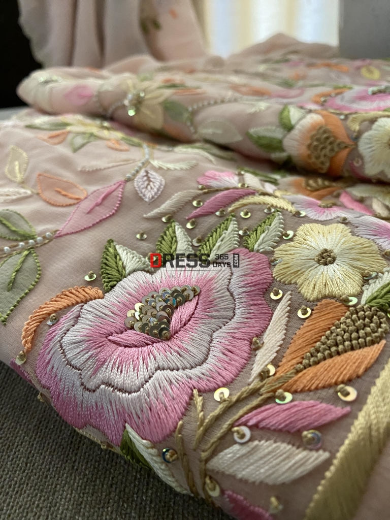 Pastel Pink Parsi Gara & Chikankari Pearl Suit Suits