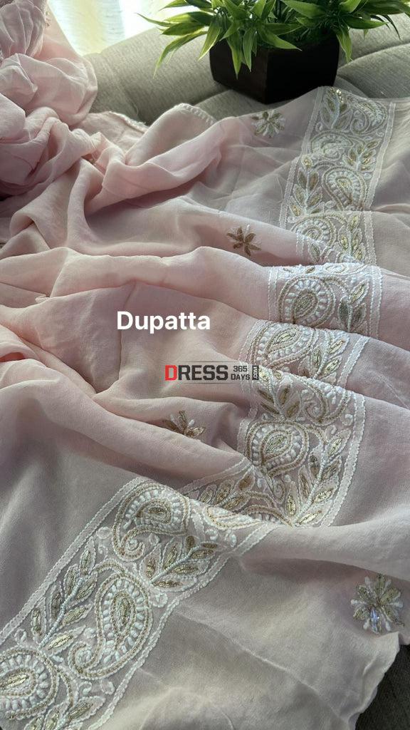 Pastel Pink Pearl & Gota Patti Chikankari Kurta Dupatta Set Suits