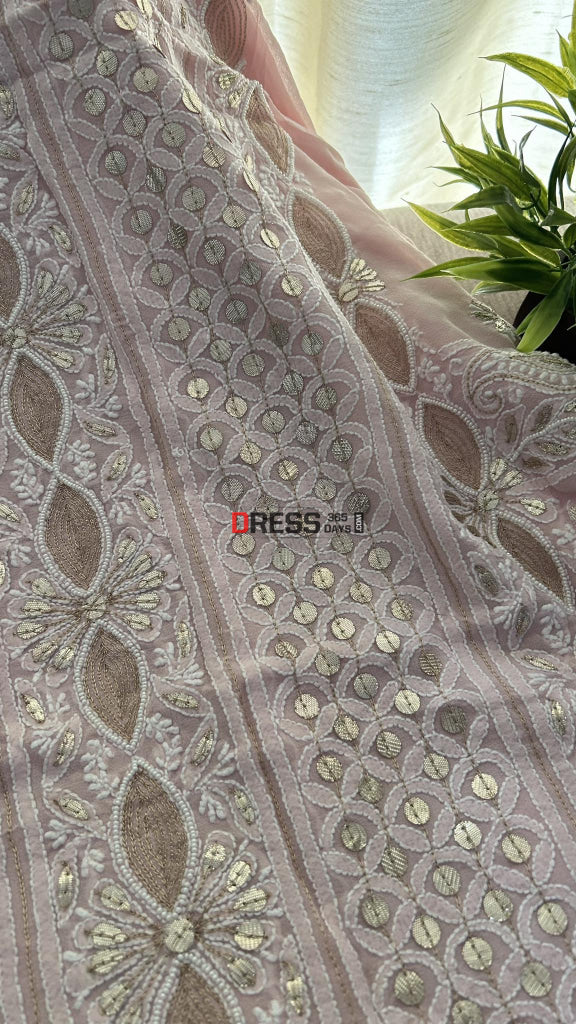 Pastel Pink Pearl & Gota Patti Chikankari Kurta Dupatta Set Suits