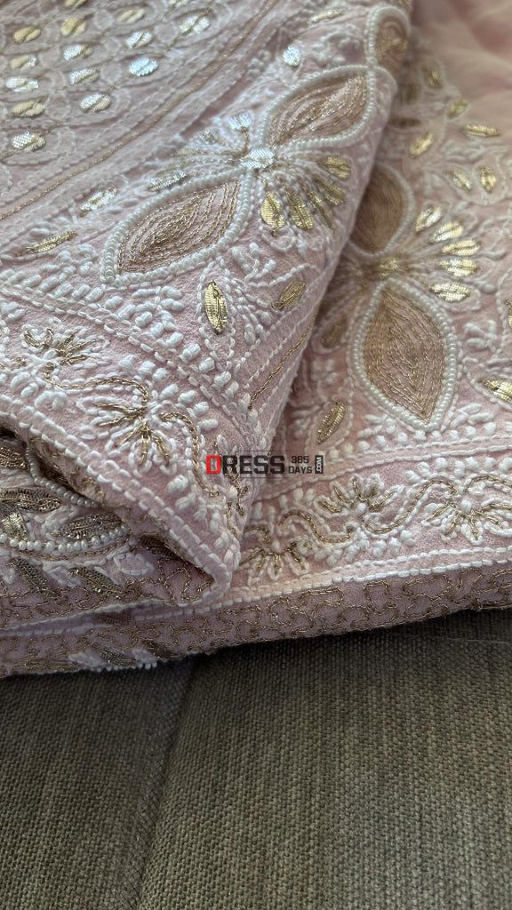 Pastel Pink Pearl & Gota Patti Chikankari Kurta Dupatta Set Suits