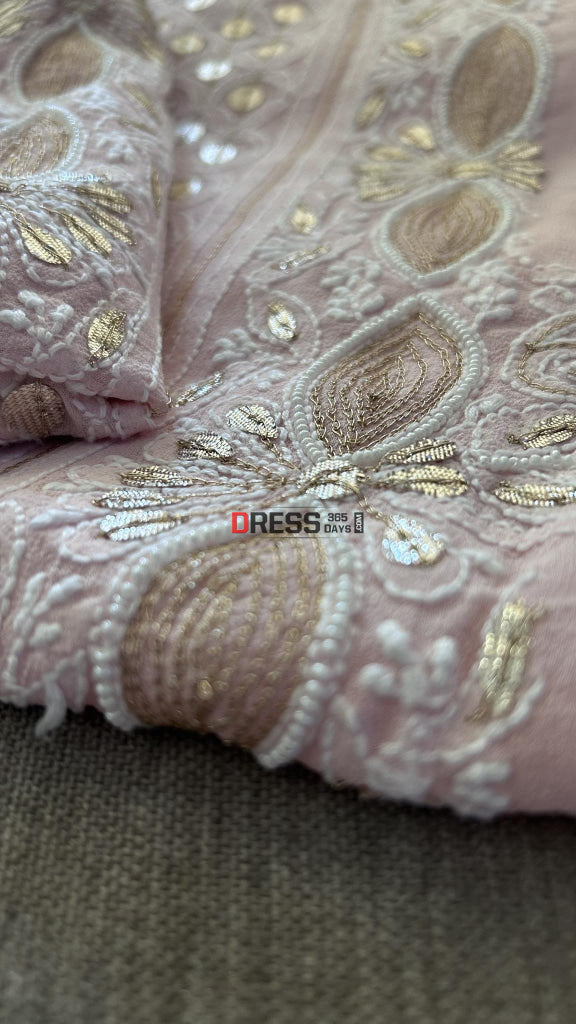 Pastel Pink Pearl & Gota Patti Chikankari Kurta Dupatta Set Suits