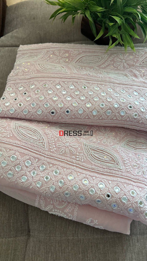 Pastel Pink Pearl & Mirror Chikankari Kurta Dupatta Set Chikankari Suits