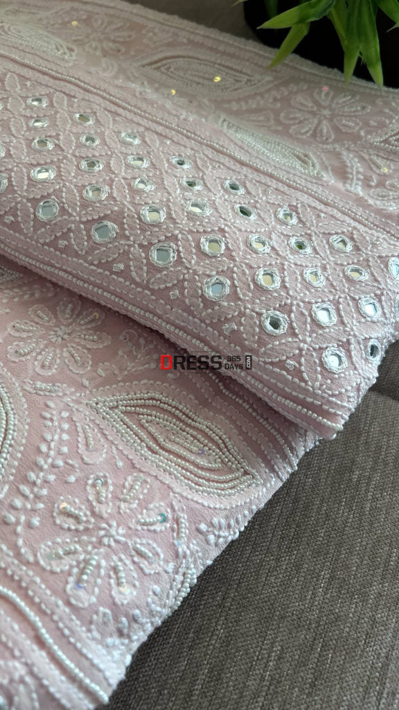 Pastel Pink Pearl & Mirror Chikankari Kurta Dupatta Set Chikankari Suits