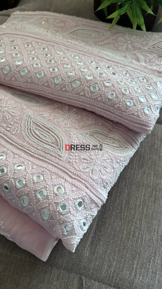 Pastel Pink Pearl & Mirror Chikankari Kurta Dupatta Set Chikankari Suits