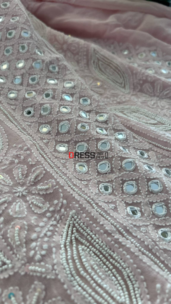 Pastel Pink Pearl & Mirror Chikankari Kurta Dupatta Set Chikankari Suits