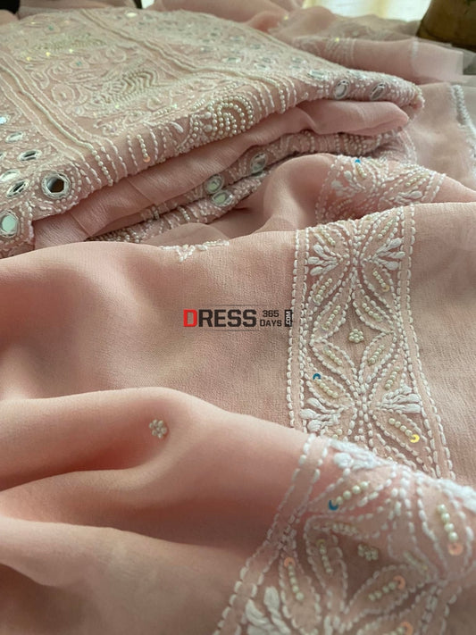 Pastel Pink Pearl & Mirror Lucknowi Suit Chikankari Suits