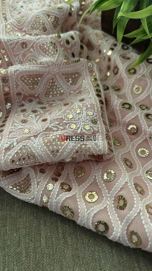 Pastel Pink Ring Mukaish Chikankari Suit (Kurta & Dupatta) Chikankari Suits