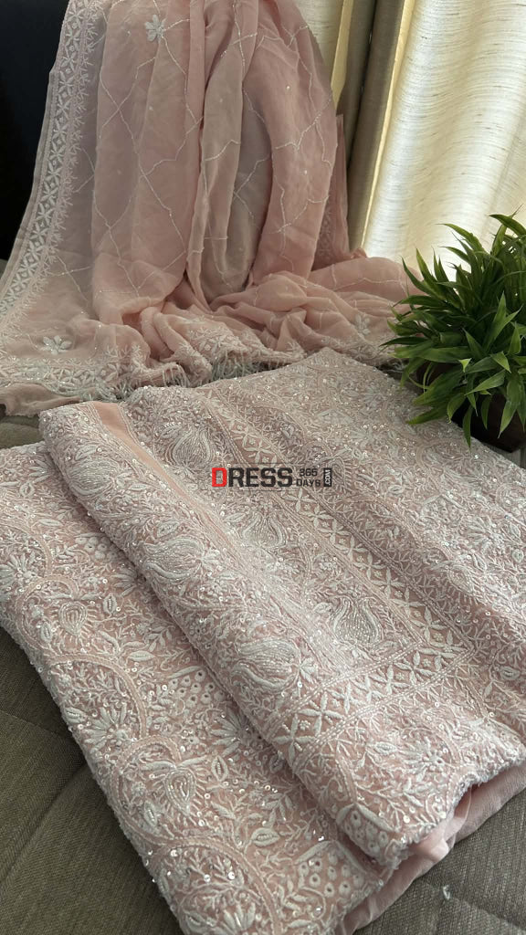 Pastel Pink SuperFine Cut Dana Sequin Chikankari Suit Chikankari Suits