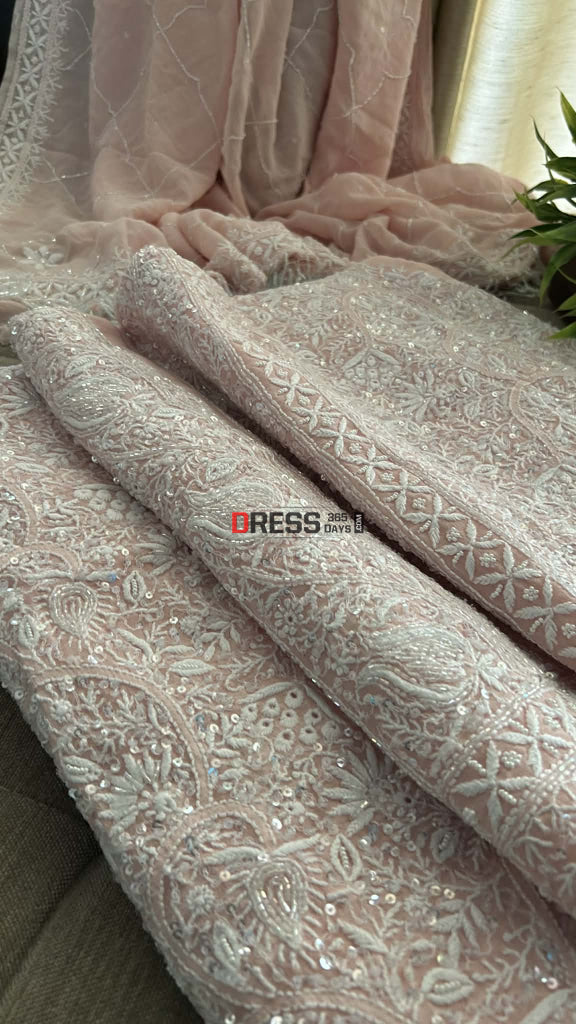 Pastel Pink SuperFine Cut Dana Sequin Chikankari Suit Chikankari Suits