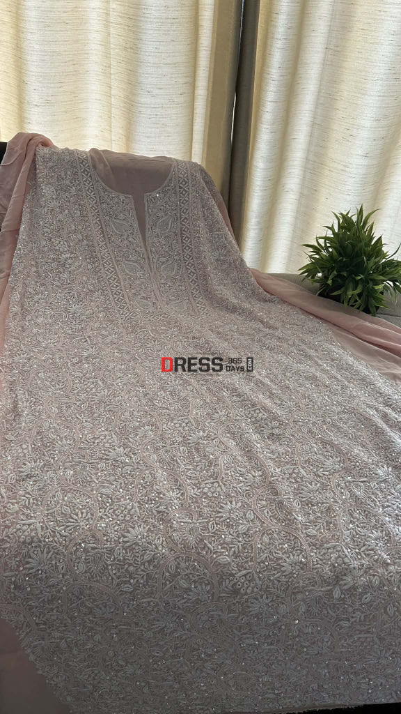 Pastel Pink SuperFine Cut Dana Sequin Chikankari Suit Chikankari Suits