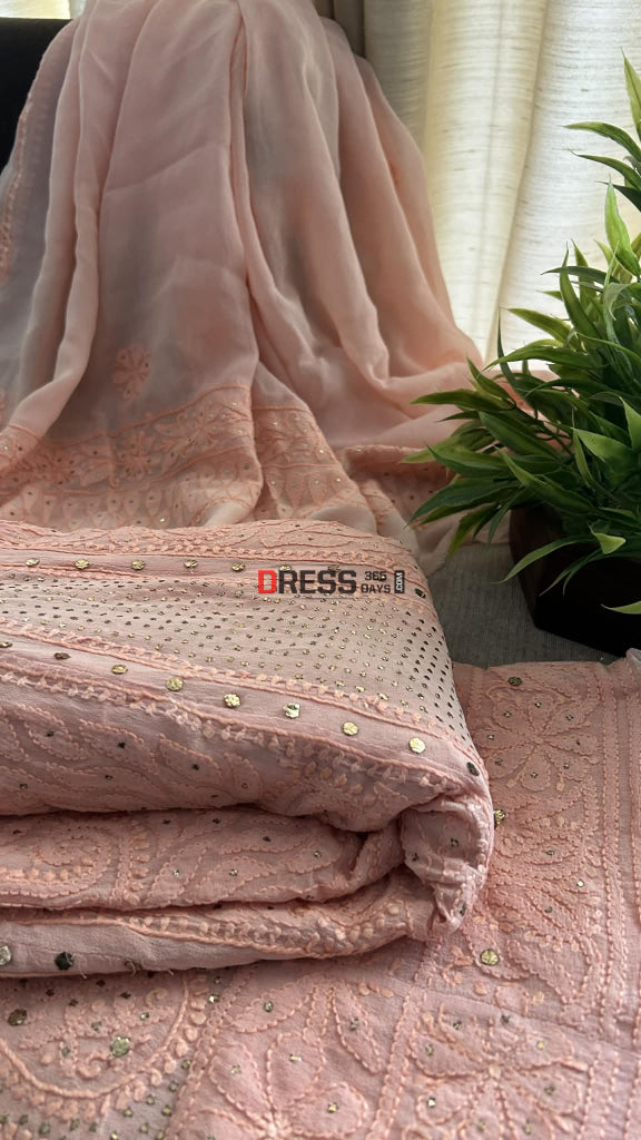 Peach Chikankari Anarkali Suit With Golden Mukaish (Anarkali And Dupatta) Chikankari Anarkali