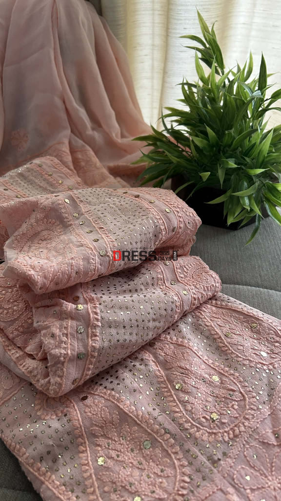 Peach Chikankari Anarkali Suit With Golden Mukaish (Anarkali And Dupatta) Chikankari Anarkali