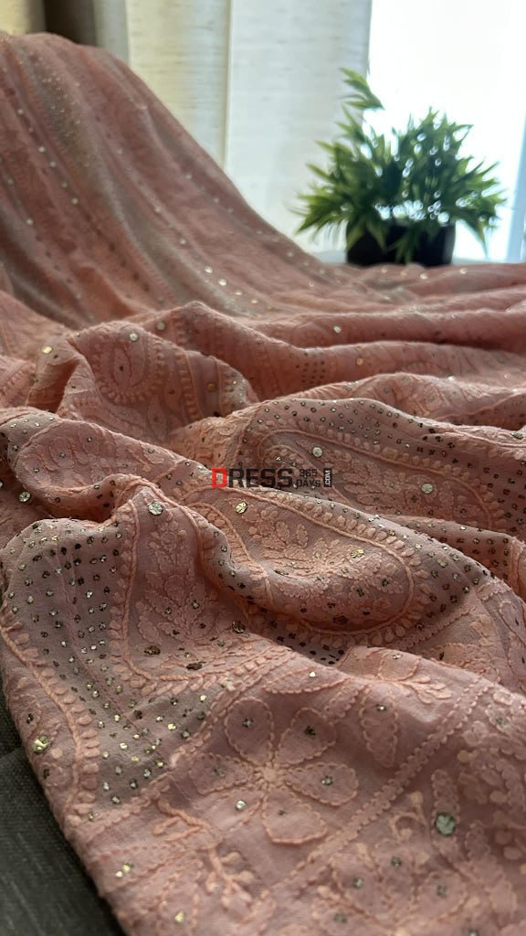 Peach Chikankari Anarkali Suit With Golden Mukaish (Anarkali And Dupatta) Chikankari Anarkali