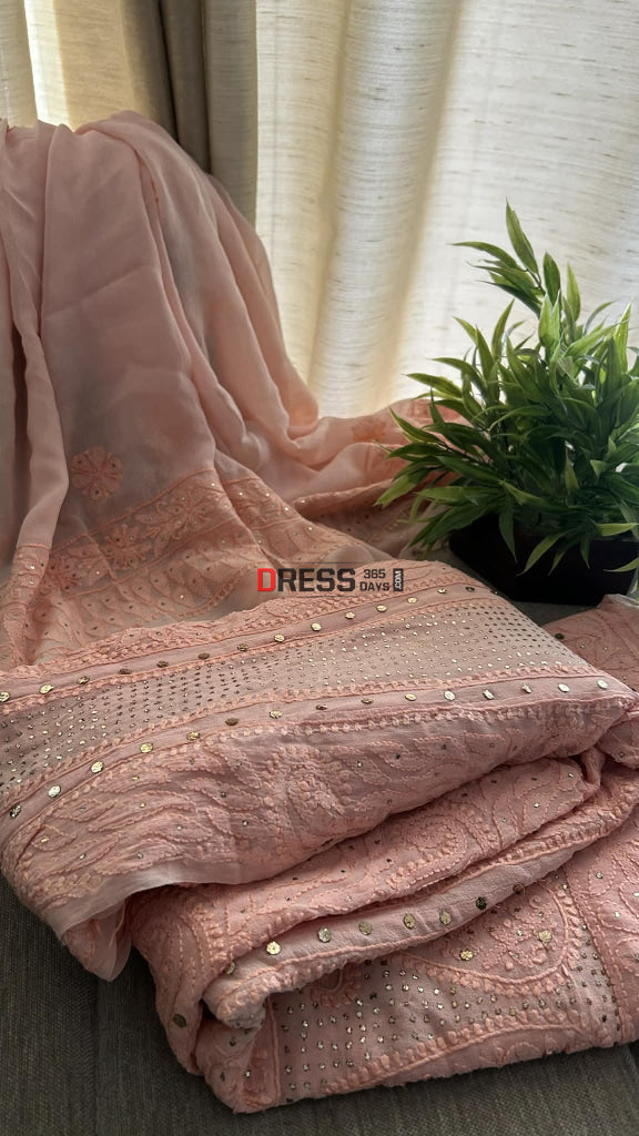 Peach Chikankari Anarkali Suit With Golden Mukaish (Anarkali And Dupatta) Chikankari Anarkali