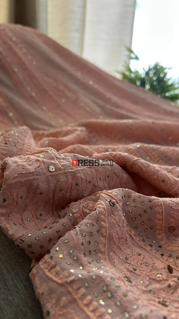 Peach Chikankari Anarkali Suit With Golden Mukaish (Anarkali And Dupatta) Chikankari Anarkali