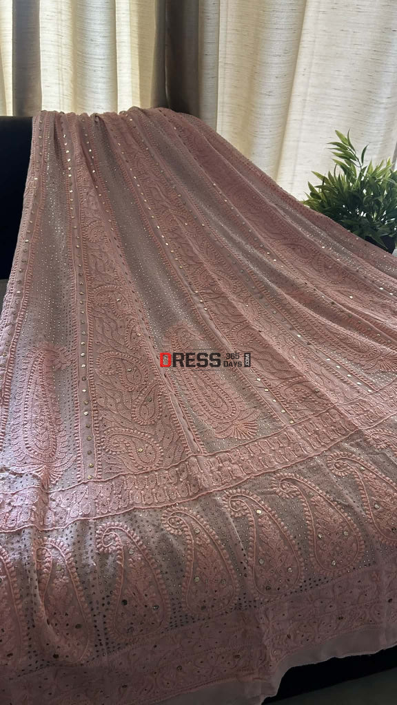 Peach Chikankari Anarkali Suit With Golden Mukaish (Anarkali And Dupatta) Chikankari Anarkali