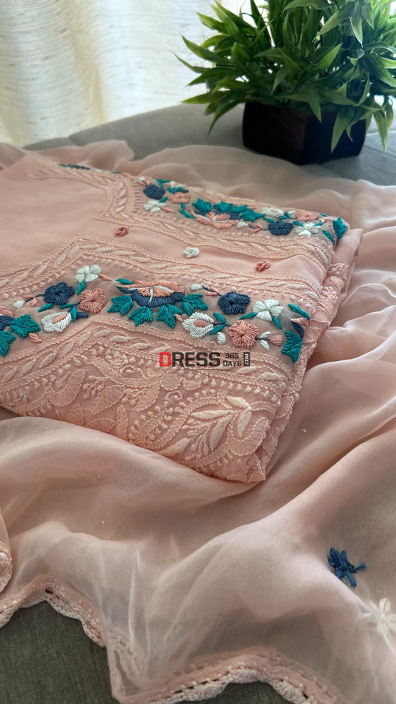 Peach Chikankari Parsi Gara Neckline Suit Chikankari Suits