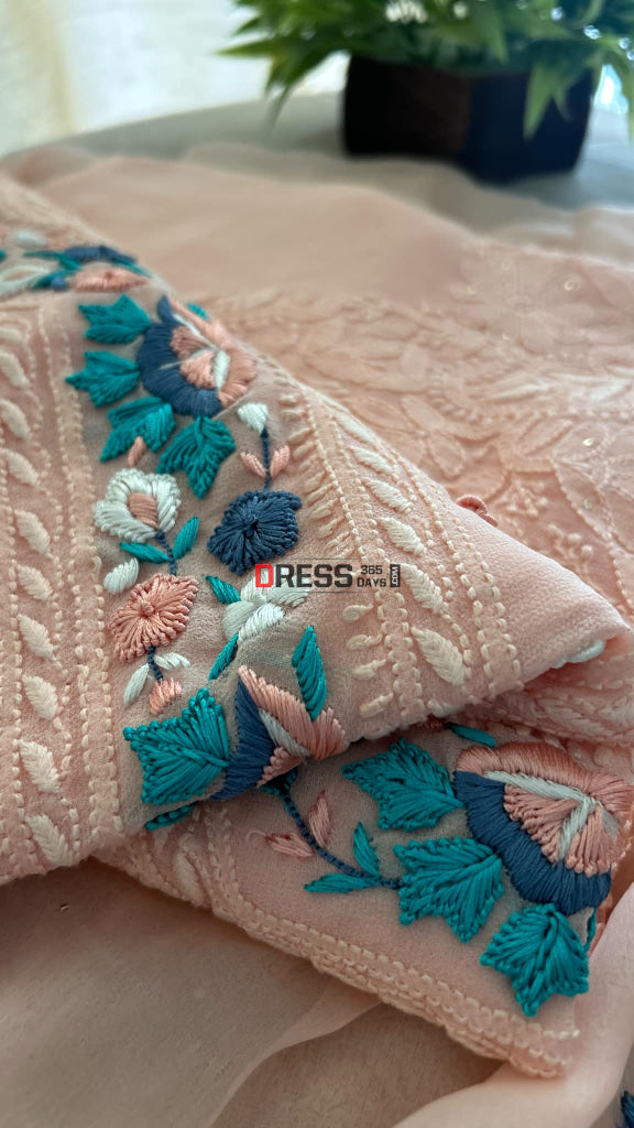Peach Chikankari Parsi Gara Neckline Suit Chikankari Suits