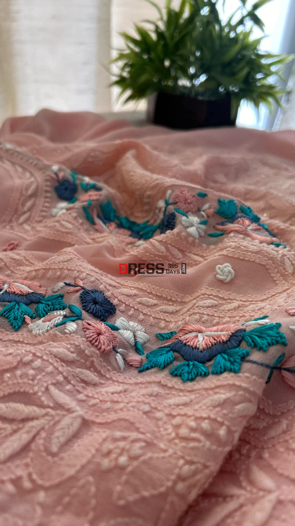 Peach Chikankari Parsi Gara Neckline Suit Chikankari Suits