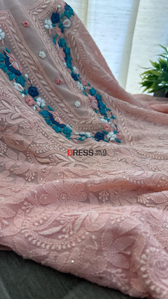 Peach Chikankari Parsi Gara Neckline Suit Chikankari Suits