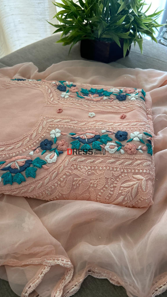 Peach Chikankari Parsi Gara Neckline Suit Chikankari Suits